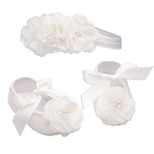 Baby Ivory Baptism Shoe and Headband Set with Chiffon Flowers and Pearls, Infant Christening Shoe, Baby Naming Blessing Shoe, Baby Baptism