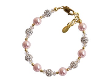 14K Gold-Plated Pink Pearl Bracelet with Optional Initial Coin Charm Personalized Gift for Infant, Baby, Toddler, Little Girls, Flower Girl