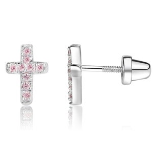 Children s Sterling Silver Pink Cross CZ Earrings With Screw Backs Baby Baptism Christening Dedication Girls First Communion Gift Kids Etsy UK