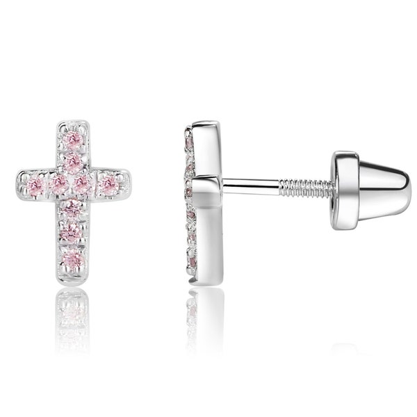 Children's Sterling Silver Pink Cross CZ Earrings with Screw Backs, Baptism, Baby Christening, Girls First Communion Religious Gift Kids