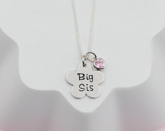 Girls Custom Sterling Silver Big Sis and Lil Sis Flower Charm Necklace, Gift for Big Sister, Little Sister Gift, Sisters Matching Jewelry