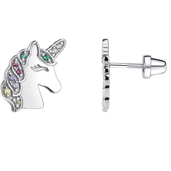 Little Girls Sterling Silver Rainbow Unicorn Earrings with Screw Backs, Hypo-allergenic, Nickel Free, Toddler Stud Earrings, Kids Jewelry