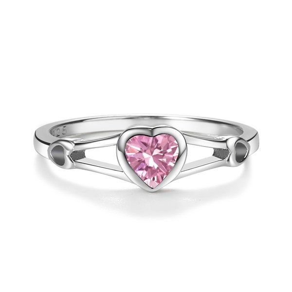 Sterling Silver Baby Ring with Pink CZ Heart, Womens Pinky or Toe Ring, Children, Toddler, Kids, Little Girls, Teens October Birthstone Ring