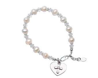 Personalized Sterling Silver Heart Cross Bracelet with Freshwater Pearls. Free Engraved Heart Charm, Baptism,  Christening, First Communion