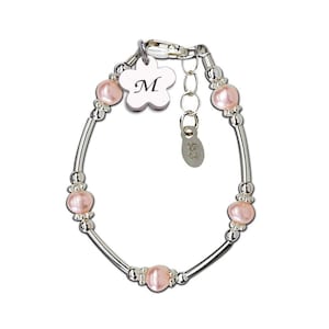 Sterling silver bracelet with long silver beads accented with pink pearls and a daisy initial charm.