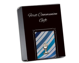 First Communion Blue Stripe Tie with Silver or Gold Chalice Tie Pin Gift Set for Boys Holy Communion Gift