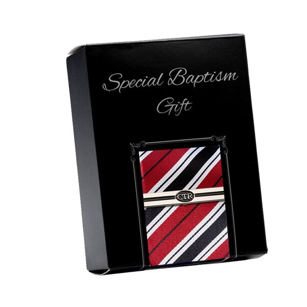 Boys Red and Black Stripe Tie with CTR Tie Bar Baptism Gift Set, LDS Boys Baptism Gift, Youth Red Striped Necktie, Mormon Baptism Gift