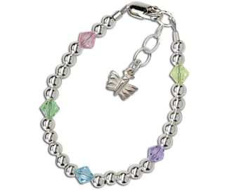 Sterling Silver & Rainbow Crystals with Butterfly Charm Bracelet For Little Girls   Birthday, Flower Girl, Granddaughter Gift Jewelry