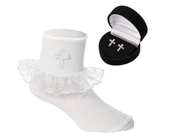 Girls First Communion Gift Set, White Lace Socks with Cross Embellishment, Sterling Silver Cross Earrings with Screw Backs, Religious Gift