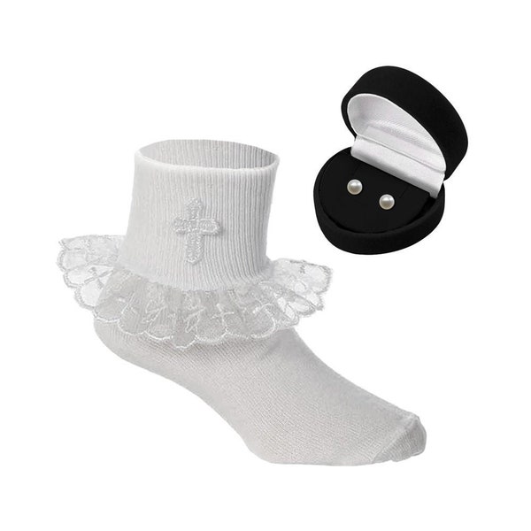 Girls First Communion Gift Set, White Lace Socks with Cross Embellishment, Sterling Silver Pearl Earrings with Screw Backs, Religious Gift