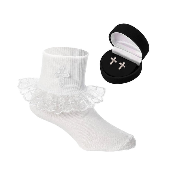 Girls First Communion Gift Set, White Lace Socks with Cross Embellishment, Sterling Silver Cross Earrings with Screw Backs, Religious Gift