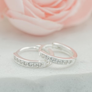 Sterling Silver Huggie Hoop earrings with CZ's for Kids, Teens and Women