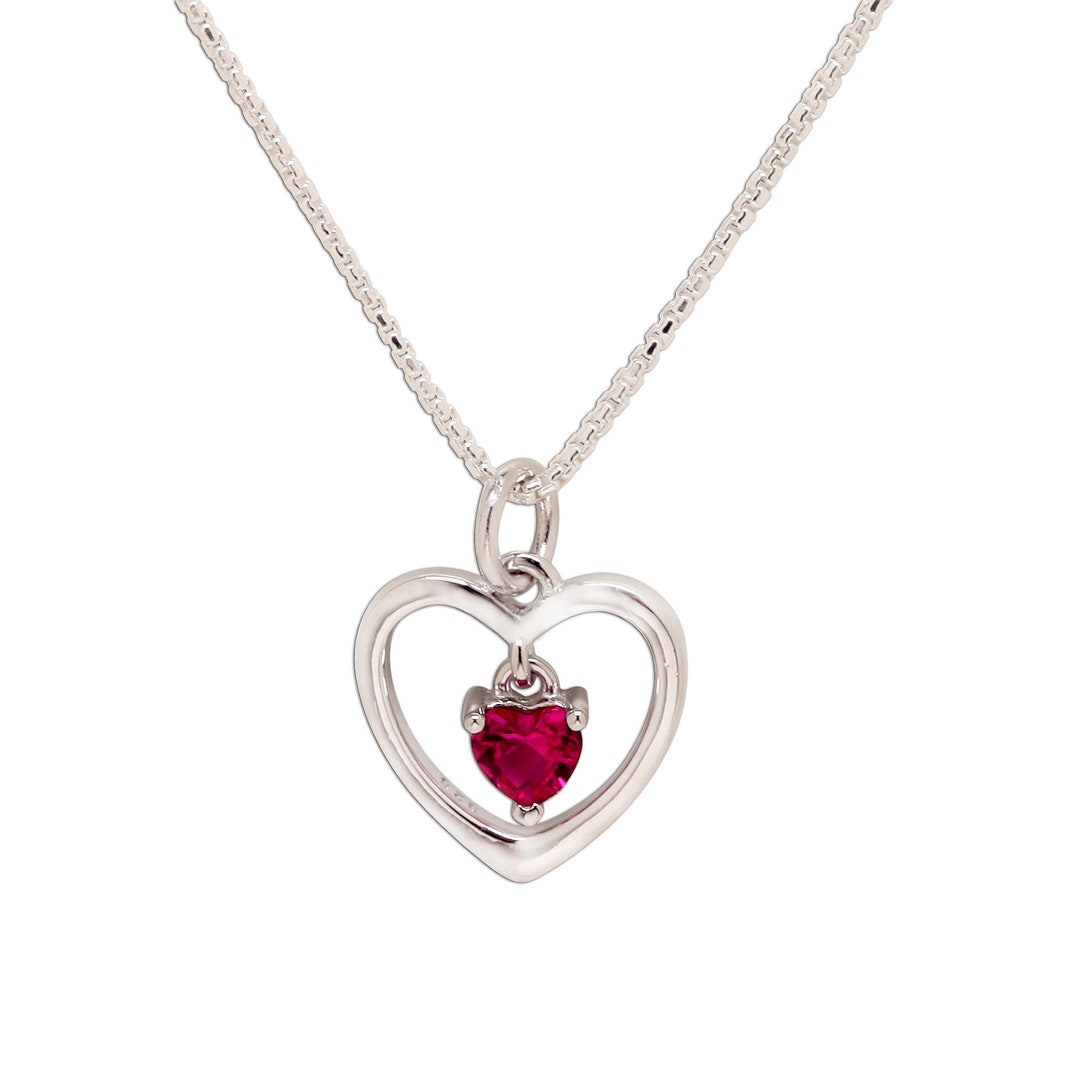 Sterling Silver dancing Heart Birthstone Necklace With July Ruby CZ
