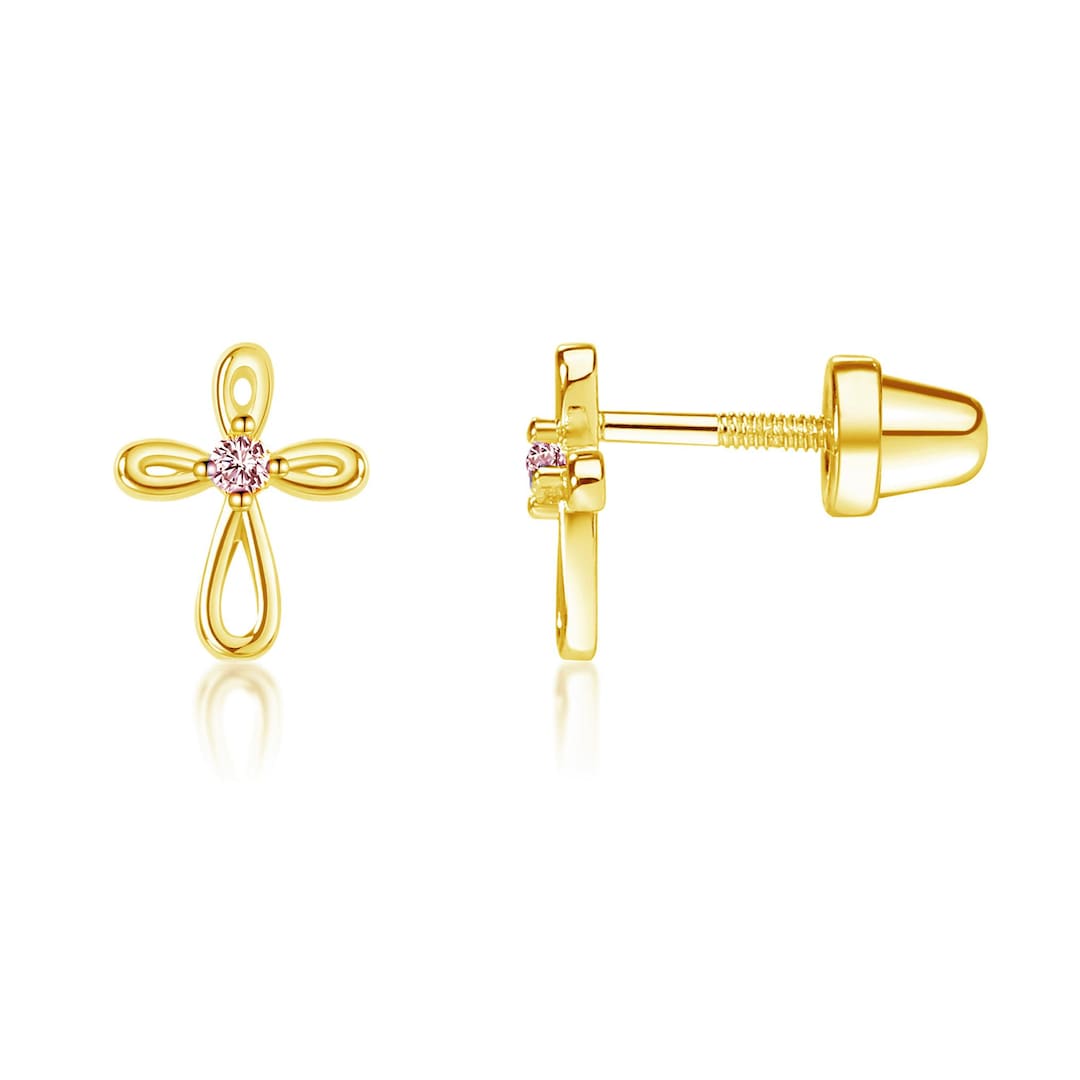 Children's 14K Gold Plated Pink Cross Earrings, Tiny Cross Infant ...