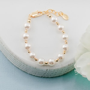 14K Gold Plated Pearl Baby Bracelet for Little Girls Pearl Jewelry, Toddler Bracelet, Baby&#39;s First Pearls, Baby Shower or Flower Girl Gift