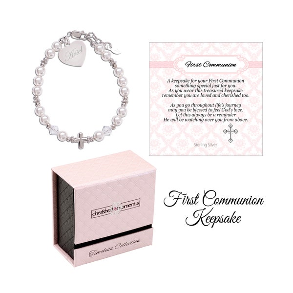 Cadeau de première communion personnalisé pour fille, bracelet croix en argent sterling avec perles, gravure GRATUITE, bijoux catholiques personnalisés, cadeau chrétien
