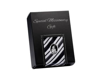 LDS Missionary Gift with Black Stripe Tie and Stripling Warrior Tie Pin Gift Set for Mormon Missionary