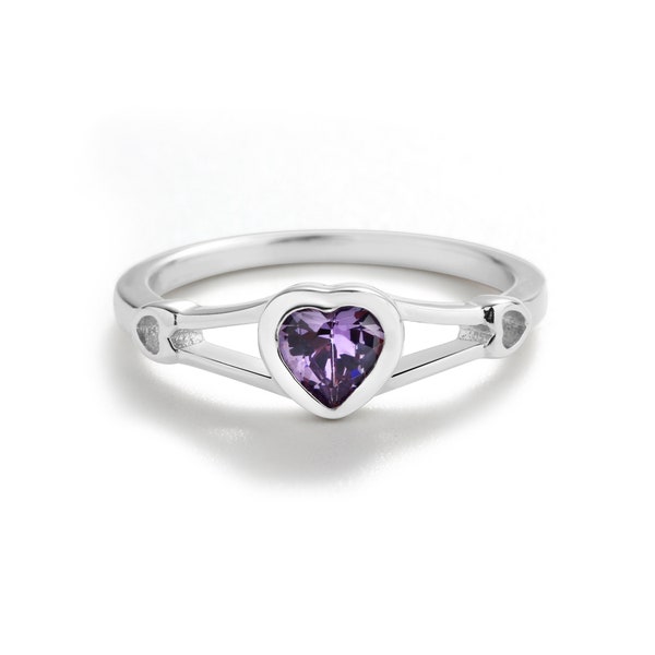 Sterling Silver Baby Heart Ring, Teen or Womens Pinky Ring, February Birthstone, Toddlers, Children, Kids, Little Girls Purple Amethyst CZ