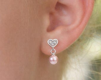 Sterlingzilveren roze pareloorbellen met schroefsluiting, bloemenmeisjescadeau, hartoorbellen peuter, hypoallergene hangoorbellen voor kinderen
