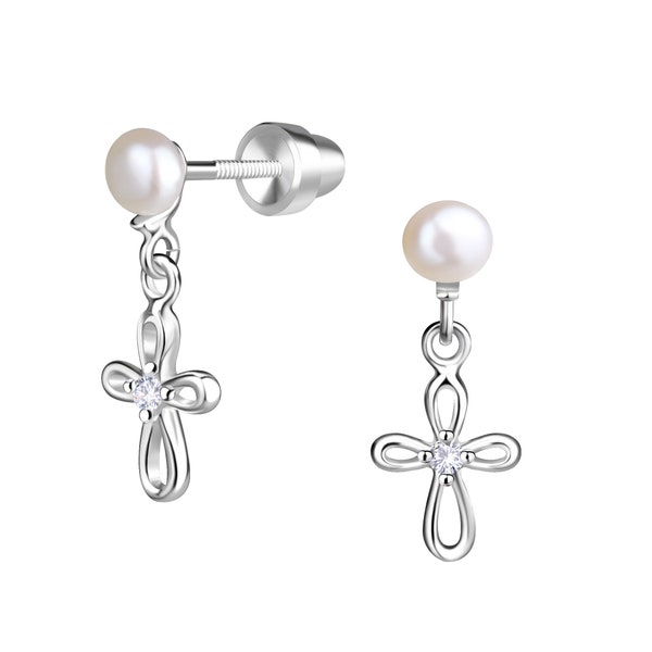 Children's Sterling Silver Pearl Stud Earring with Cross and Screw Backs for Girls First Communion Gift, Baby Baptism, Infant Christening
