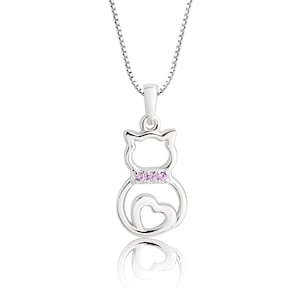Girls Sterling Silver Cat Necklace, Teens Pink Kitty Cat Jewelry, Gift for Cat Lover Birthday, Women&#39;s Cat Charm Girlfriend Best Friend Gift