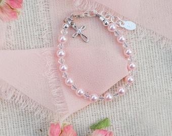 Sterling Silver Cross Bracelet adorned with Swarovski® pearls and Crystals - Baby Shower, Baptism, Christian Gift - Personalized
