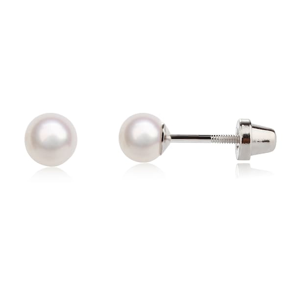 Sterling Silver White Freshwater Pearl Stud Earrings for Girls with Screw Backs, Baby and Toddler Jewelry for Little Girls, Hypoallergenic