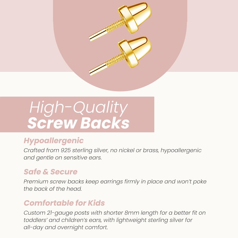 May include: Two gold-colored screw-back earrings. The image includes text that reads "High-Quality Screw Backs", "Hypoallergenic", "Safe & Secure", and "Comfortable for Kids". The earrings are designed for toddlers and children.