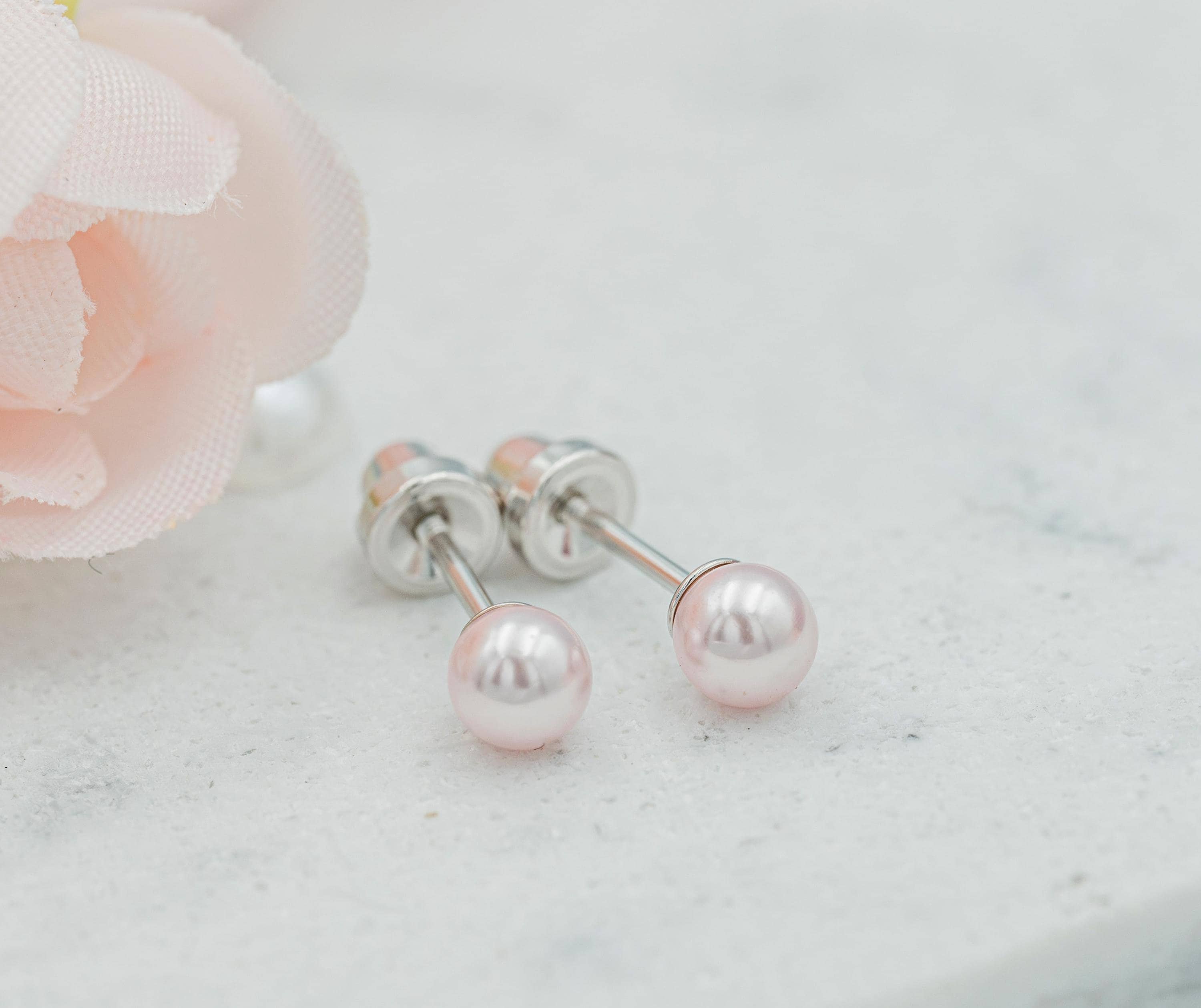 Sterling Silver Pink Pearl Stud Earrings With Screw Backs, for