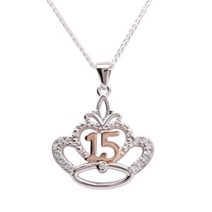 Quinceañera Necklace, Sterling Silver and Rose Gold Plated, Girls Tiara Crown Necklace with Fifteen CZ Stones for Sweet 15 Birthday Gift