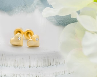 Kids 14K Gold-plated Sterling Silver Puff Heart Earrings, Kids Screw Back Earrings, Newborn Infant Baby Studs, Little Girls Gold Jewelry
