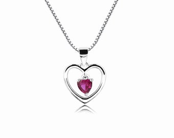 Sterling Silver "Dancing Heart" Birthstone Necklace with July Ruby CZ Heart Charm, Little Girls Birthstone Jewelry, Kids, Teen, Toddler Gift