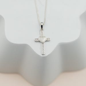 Girls Personalized Sterling Silver Cross Necklace with Heart, Baptism, First Communion, or Confirmation Gift for Kids, Teens, Womens Jewelry
