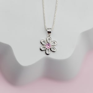 Little Girls Sterling Silver Daisy Charm Necklace with Pink CZ, Flower Girl Necklace, Kids Special Occasion Necklace, Toddler Girl Jewelry