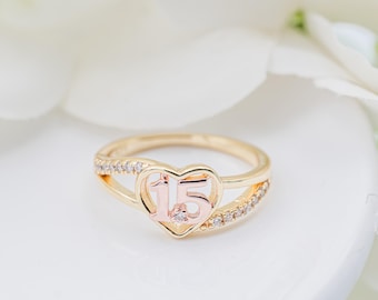Quinceañera Heart Ring 14K-Gold and Rose Gold-Plated (over Sterling Silver) for Girls with Fifteen CZ Stones for Sweet 15 Birthday Gift
