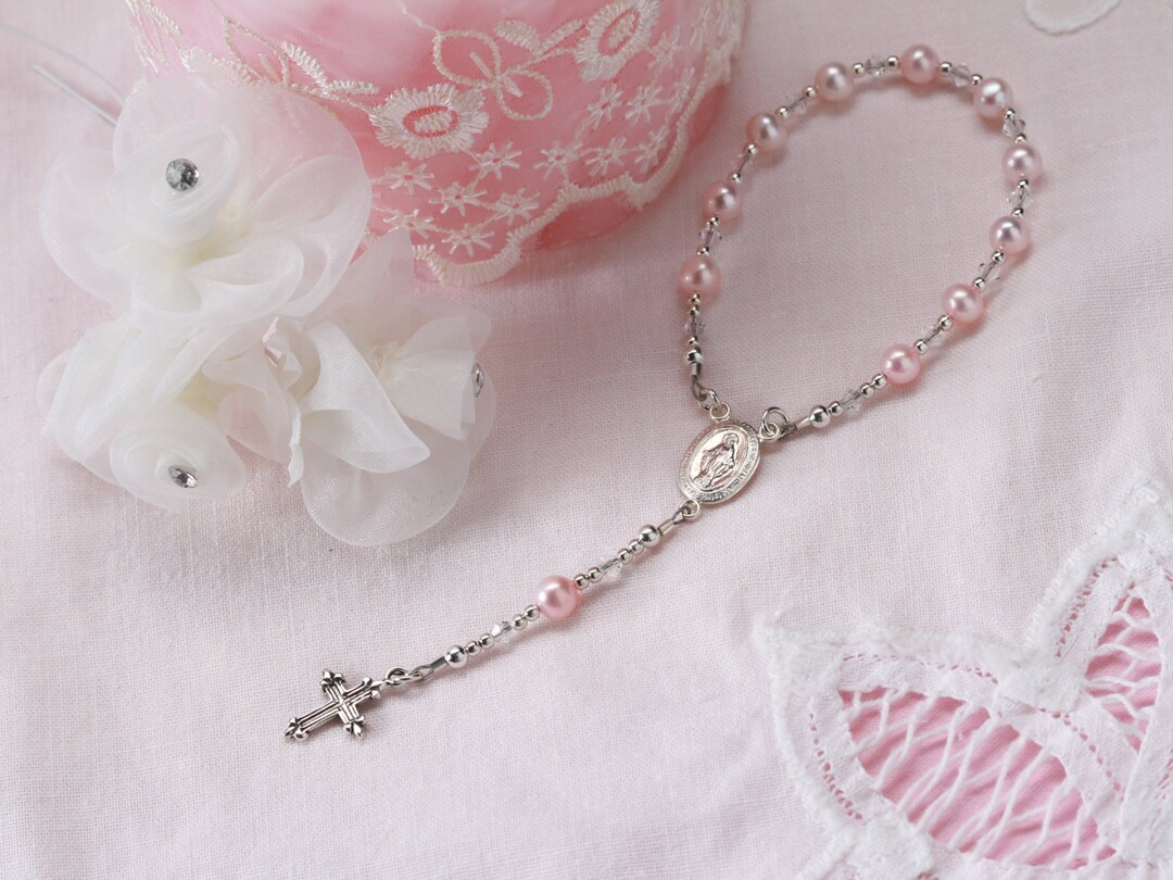 Sterling Silver Baby Rosary in Pink With Miraculous Medal and Cross Charm. Baptism Gift for ...