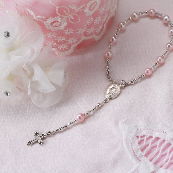 Sterling Silver Baby Rosary in Pink with Miraculous Medal and Cross Charm.  Baptism Gift for Infant Baby Girl, Her First Rosary