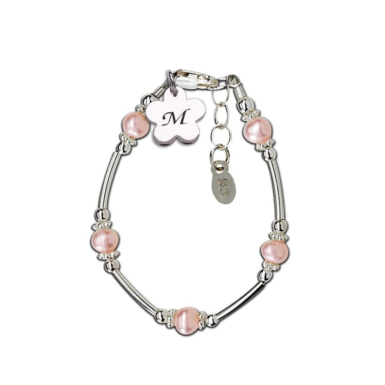 Sterling silver bracelet with long silver beads accented with pink pearls and a daisy initial charm.