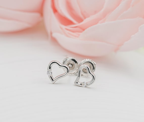 Little Girls Sterling Silver White Sapphire Heart Earrings