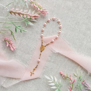 14K Gold Plated Infant Baby Rosary with Pink Pearls for Baptism Gift Girl, First Rosary with Miraculous Medal and Cross, Catholic Baby Gift