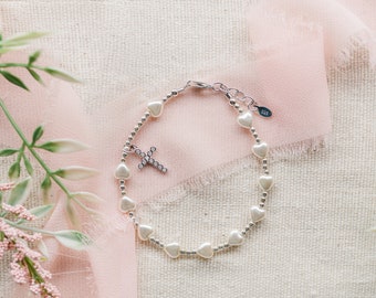 Sterling Silver First Communion Rosary Bracelet with White Pearl Hearts, Girls 1st Holy Communion Gift, Catholic Kids Rosary Bracelet