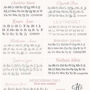 May include: A font selection chart featuring eight distinct typeface styles labeled Charlotte Marie, Elizabeth Rose, Harper Anne, Lily Margret, Katherine Anne, Brandon James, Sophia Lynn, and Nathan Allen, plus a Monogram Only option with alphabet samples.