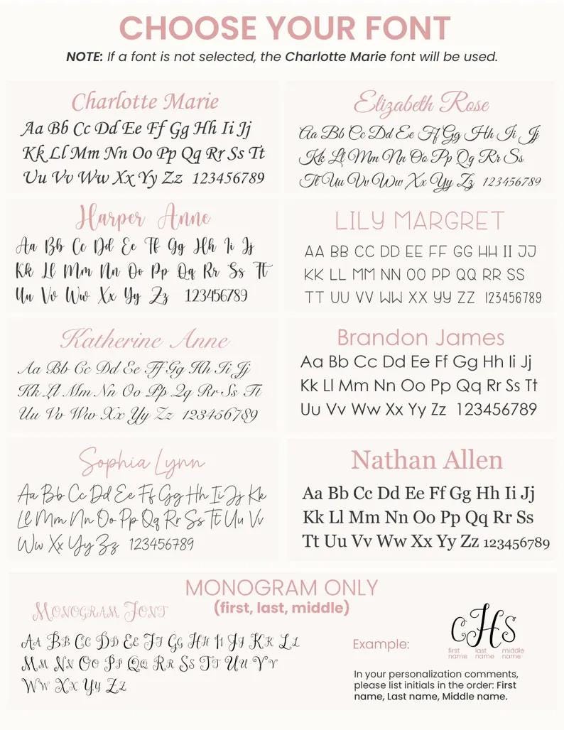 May include: A font selection chart featuring eight distinct typeface styles labeled Charlotte Marie, Elizabeth Rose, Harper Anne, Lily Margret, Katherine Anne, Brandon James, Sophia Lynn, and Nathan Allen, plus a Monogram Only option with alphabet samples.