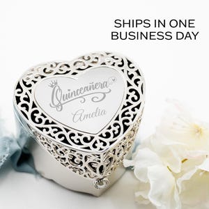 Personalized Silver Filigree Heart Jewelry Box, Custom Quinceañera Gift, Sweet 16 Engraved Name Jewelry Box