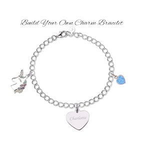 Sterling Silver Build Your Own Charm Bracelet with Charms, Engraved Name and Birthstone Charm, Add on Additional Charms for Girls and Women