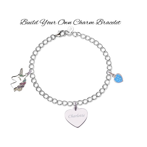 Sterling Silver Personalized Charm Bracelet with Charms, Engraved Name and Birthstone Charm, Add Additional Charms for Kids, Girls, Women