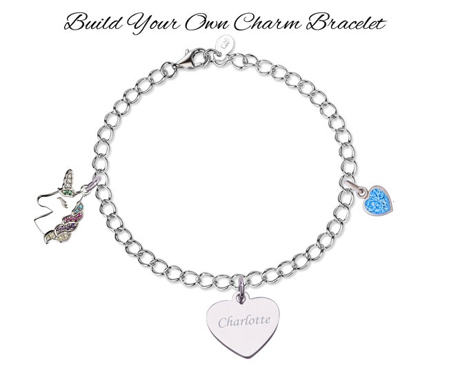 Sterling Silver Personalized Charm Bracelet with Charms, Engraved Name and Birthstone Charm, Add Additional Charms for Kids, Girls, Women