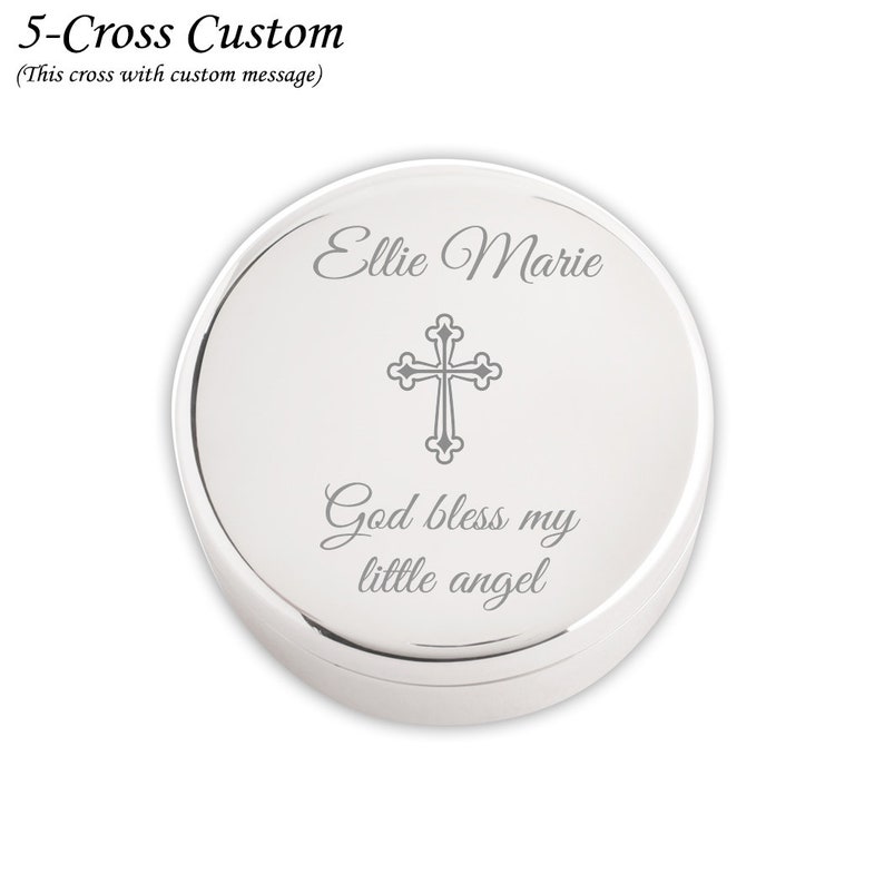 Personalized Baptism Gift for Girls, Silver Round Jewelry Box, FREE Engraved Name and Cross, Custom First Communion Gift, Infant Christening 5-Cross Custom