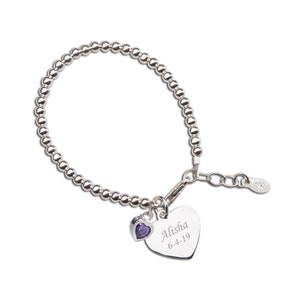 Little Girls Sterling Silver Birthstone Charm Bracelet with FREE Engraved Heart and Birthstone CZ Heart, Toddler, Kids Customized Jewelry