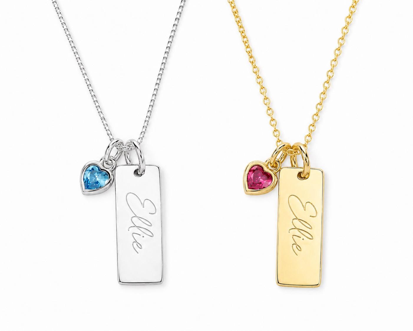Personalized Bar Charm Necklace with Birthstone Heart - Sterling Silver or 14k Gold Plated Custom Engraved Necklace Girls, Teen, Women